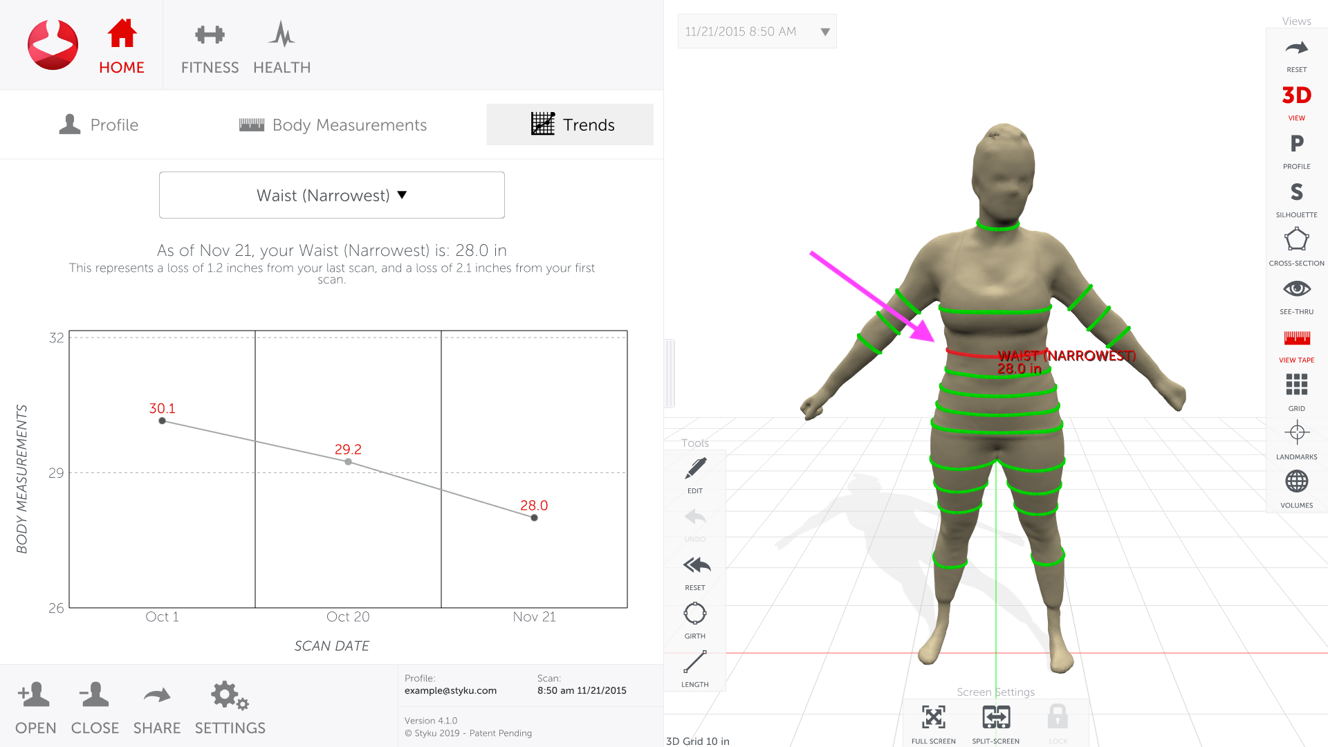 How can I show a client their before and after scans, and highlight